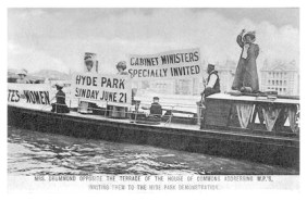 Flora Drummond and a group of suffragettes on a steam launch opposite the terrace of the House of Commons. 